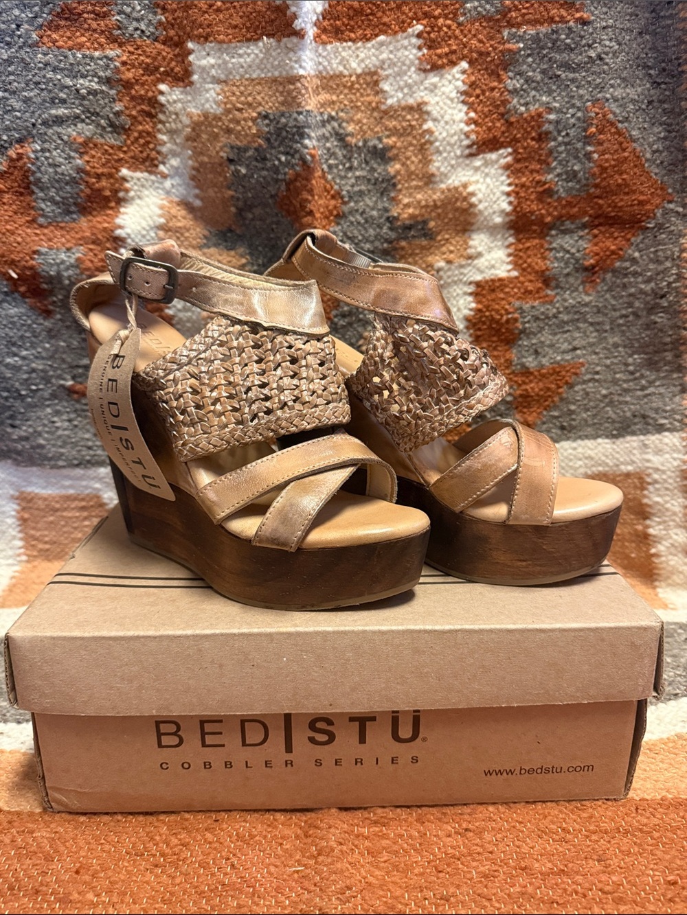 Bed Stu Tan Woven Leather Platform Wedge Sandals